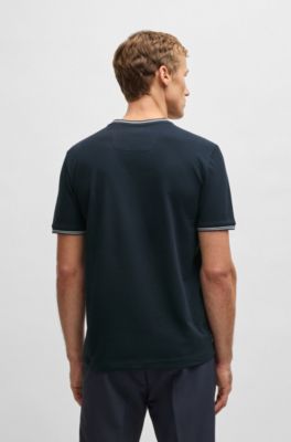 Stretch-cotton T-shirt with stripes and logo, Dark Blue