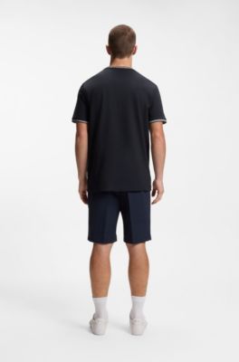 T-shirt en coton stretch avec rayures et logo, Bleu fonc&eacute;