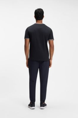 Cotton-piqu&eacute; T-shirt with striped jacquard trims, Dark Blue