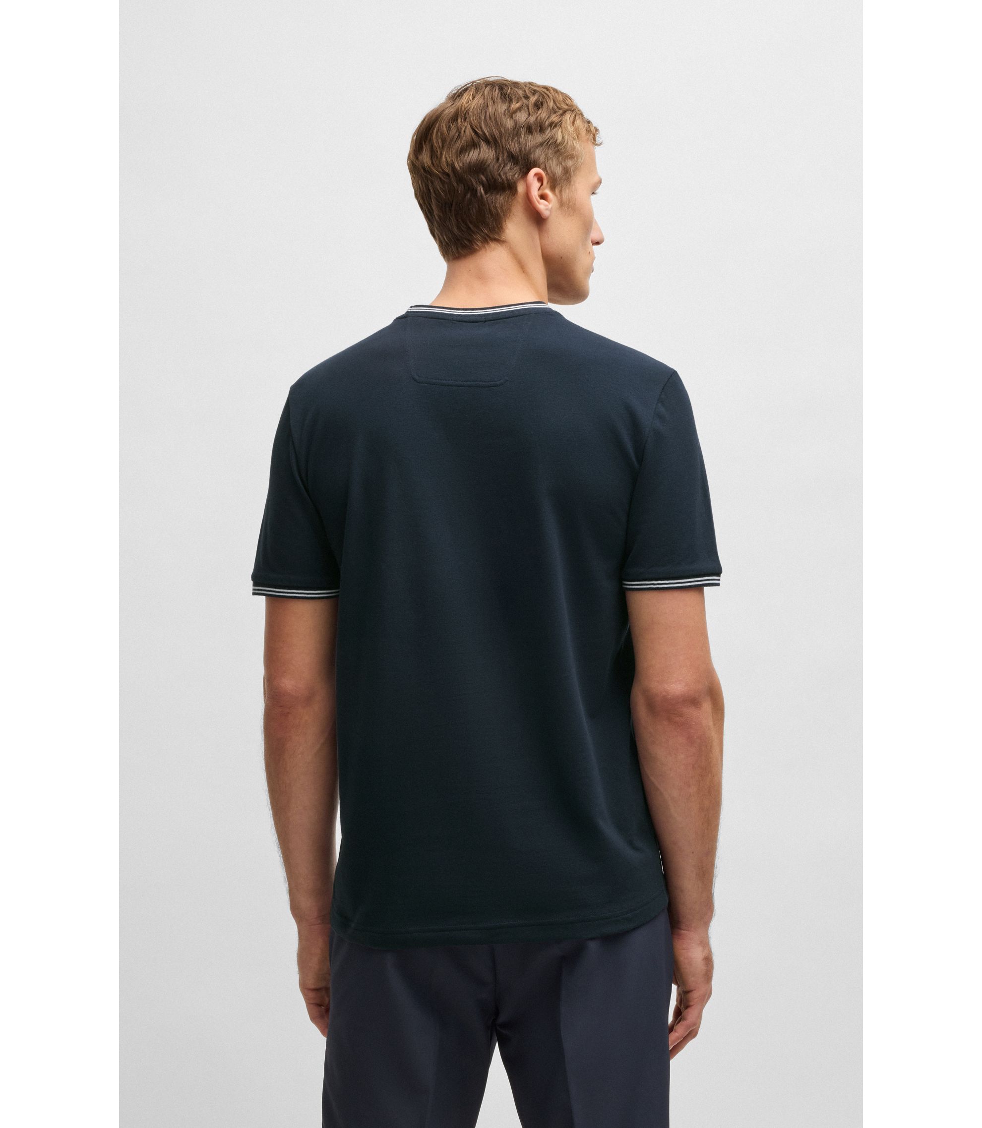 Tシャツ・カットソー BOSS Men T-shirt Blue 50521245 402 BOSS - Stretch-cotton T-shirt with stripes and logo - Dark Blue