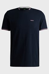 Stretch-cotton T-shirt with stripes and logo, Dark Blue