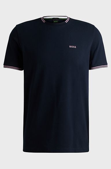 Stretch-cotton T-shirt with stripes and logo, Dark Blue