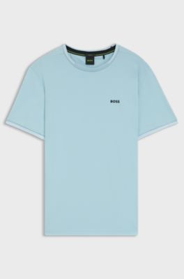 T-shirt in cotone elasticizzato con dettagli a righe e logo, Celeste