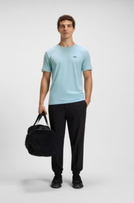 T-shirt van stretchkatoen met strepen en logo, Lichtblauw