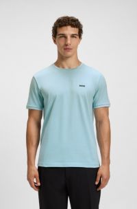 T-shirt in cotone elasticizzato con dettagli a righe e logo, Celeste