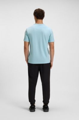Stretch-cotton T-shirt with stripes and logo, Light Blue