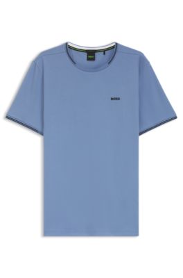 Stretch-cotton T-shirt with stripes and logo, Light Blue