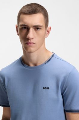 T-shirt in cotone elasticizzato con dettagli a righe e logo, Celeste