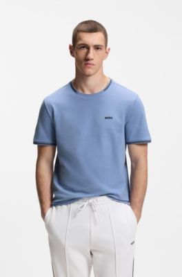 T-shirt in cotone elasticizzato con dettagli a righe e logo, Celeste