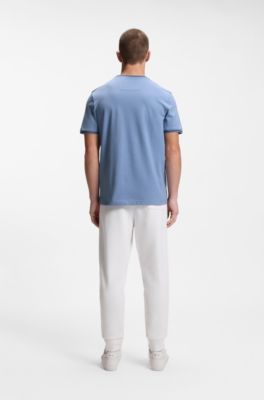 T-shirt in cotone elasticizzato con dettagli a righe e logo, Celeste