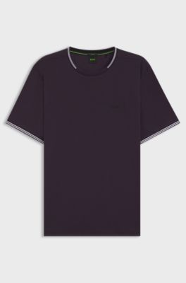T-shirt in cotone elasticizzato con dettagli a righe e logo, Viola scuro