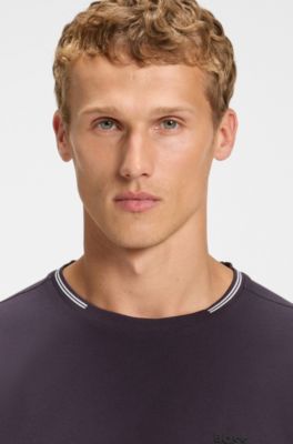 Pyjamas-T-shirt med striber og logo i bomuld med str&aelig;k, M&oslash;rklilla