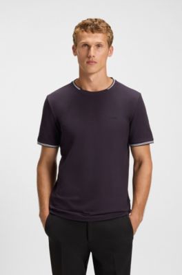 T-shirt in cotone elasticizzato con dettagli a righe e logo, Viola scuro