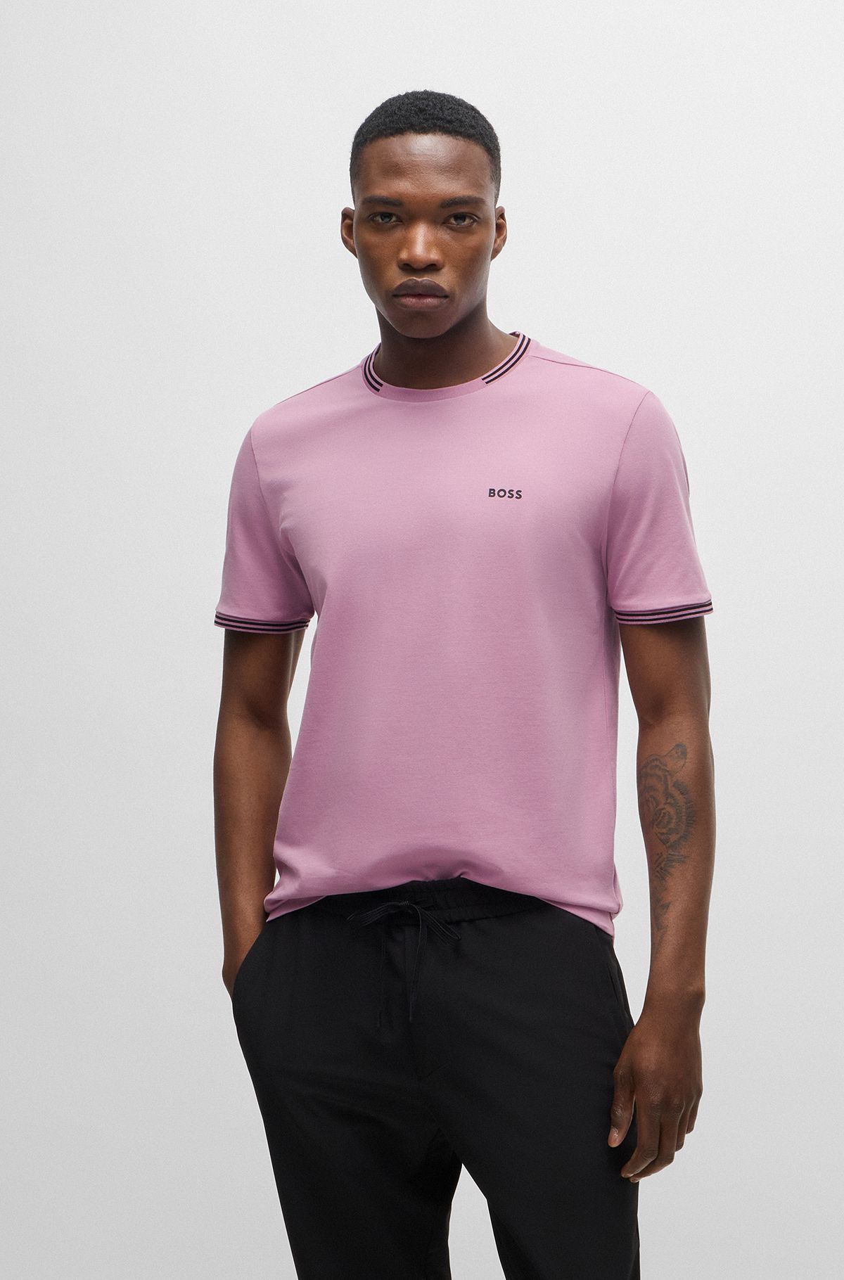 Stretch-cotton T-shirt with stripes and logo, light pink