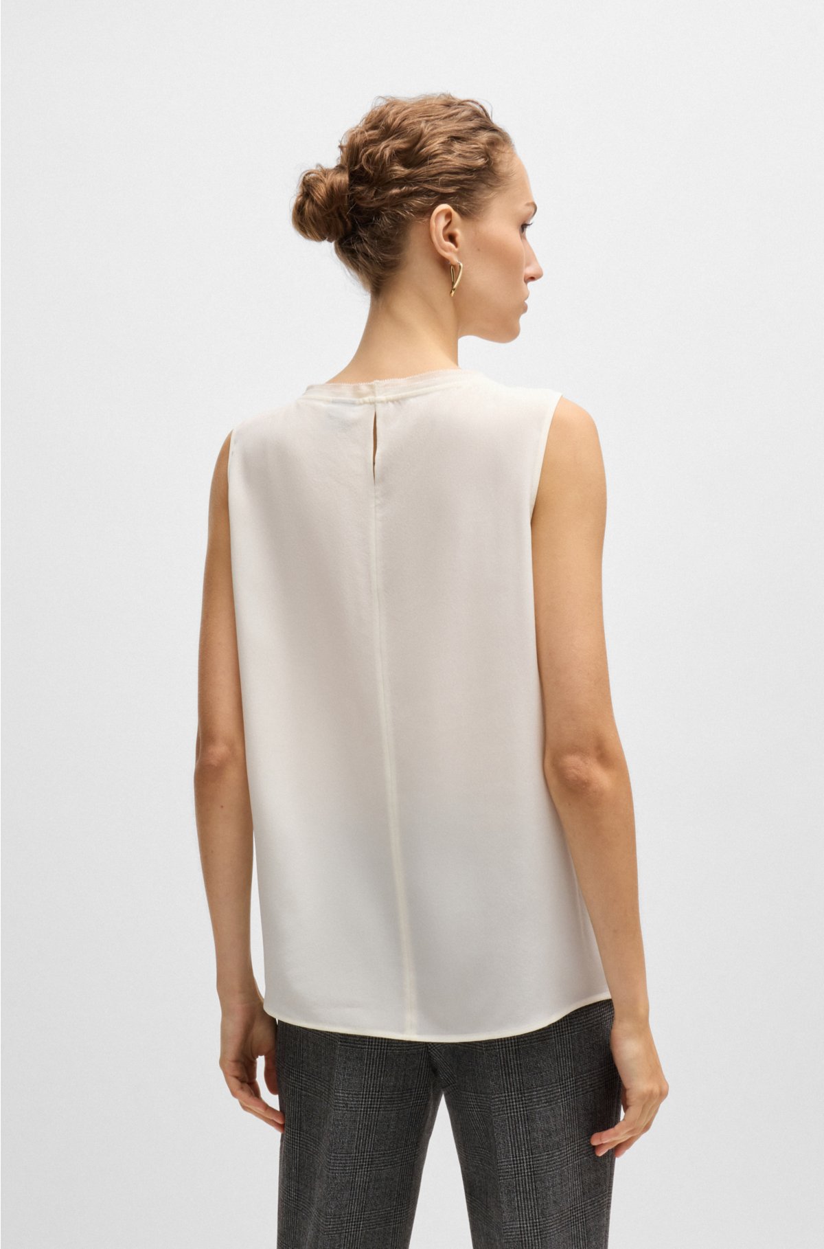Pleat-front sleeveless blouse in washed silk, White