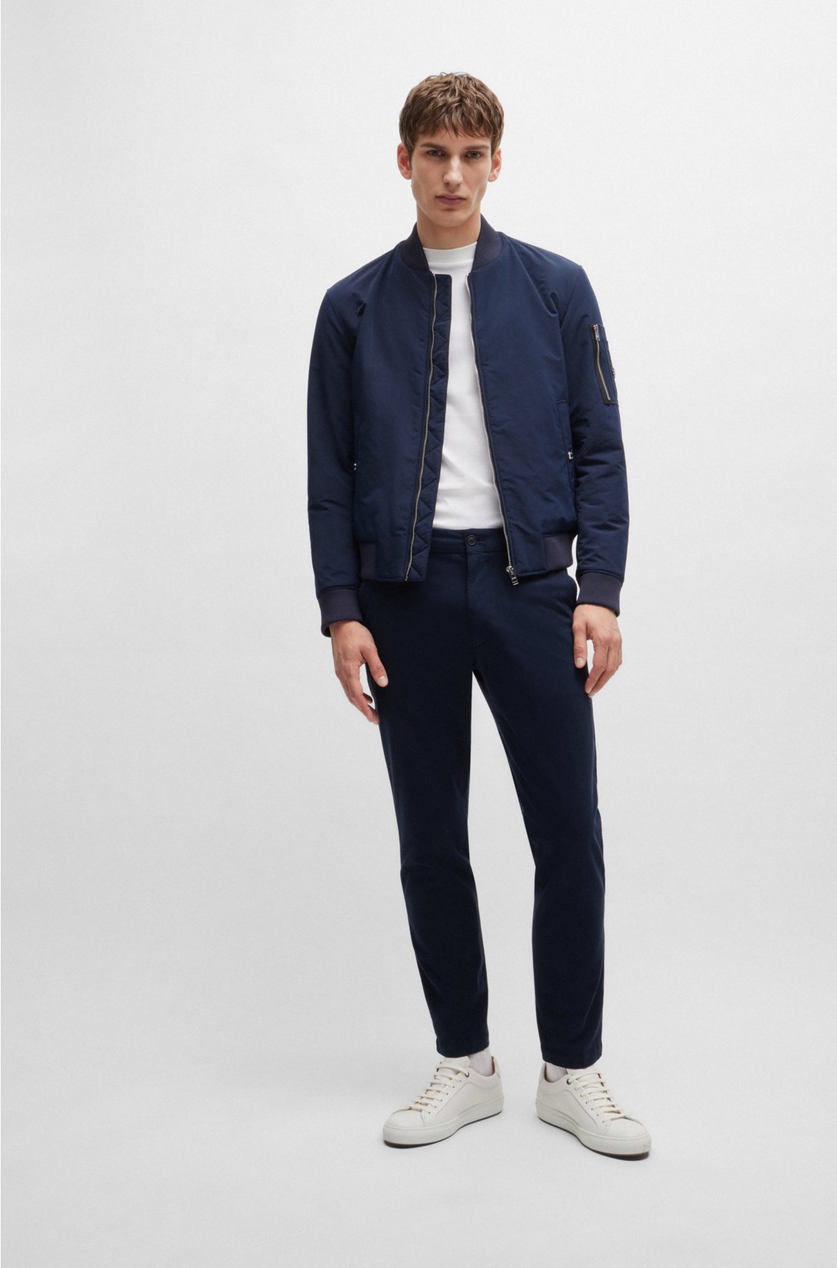 Slim-fit trousers in a structured cotton blend, Dark Blue