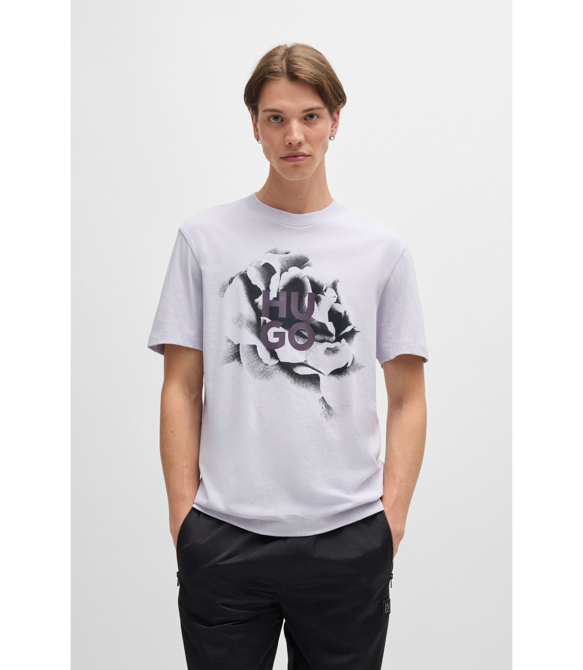 HUGO - Cotton-jersey T-shirt with artwork and logo - Light Purple