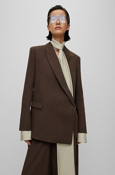 Virgin wool-crêpe blazer with concealed closure, Dark Brown