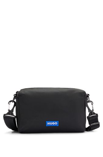 Crossbody bag in structured twill with blue logo trim, Black