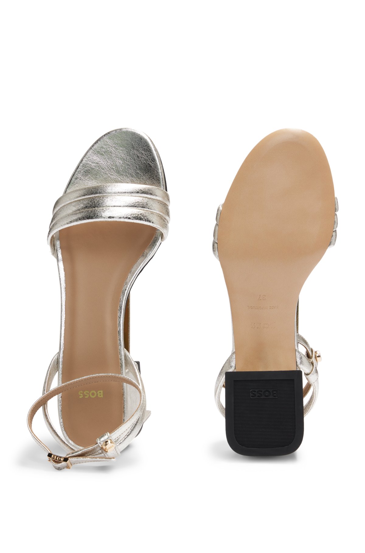 Metallic-leather sandals with padded strap and 5cm heel, Silver