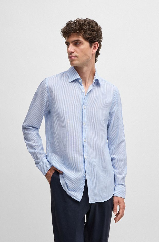 Casual-fit shirt in striped linen and cotton, Light Blue