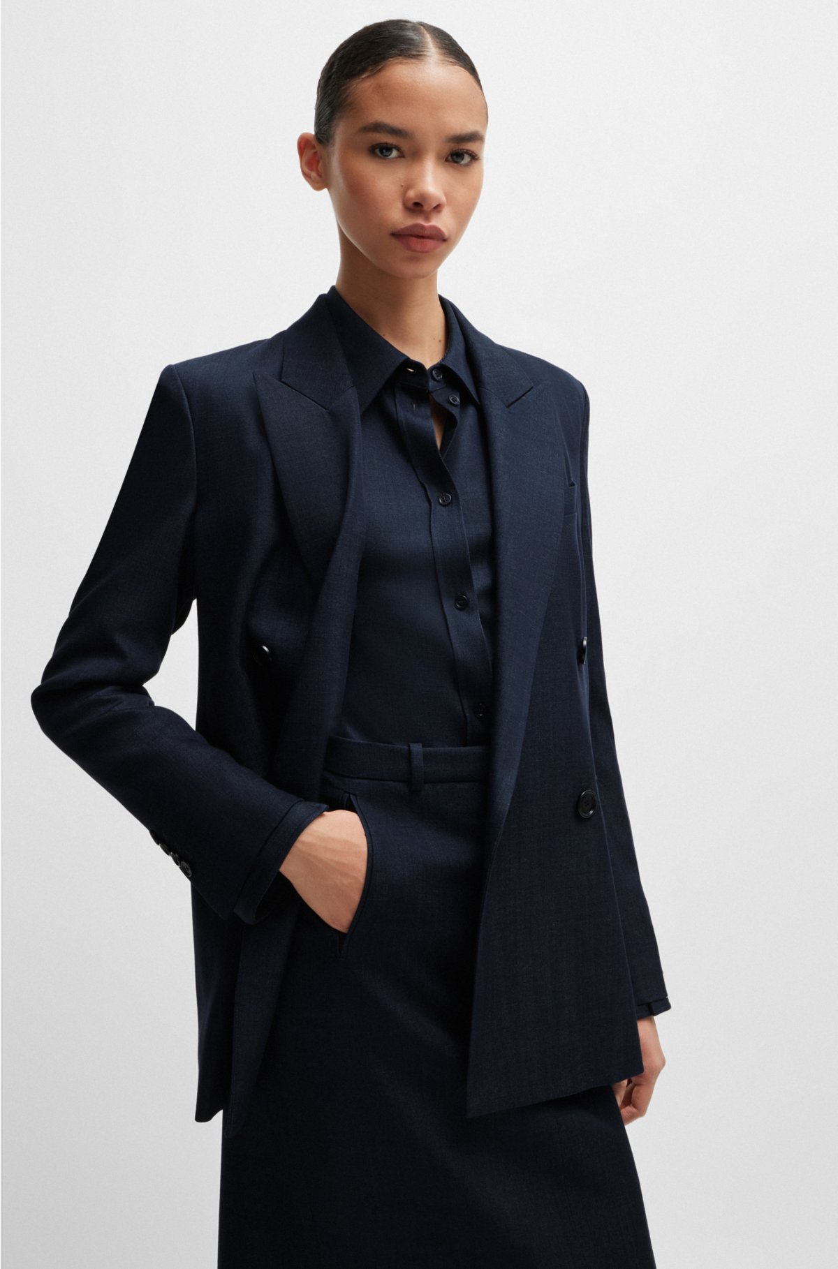 Regular-fit long-length jacket in denim-effect twill, Dark Blue