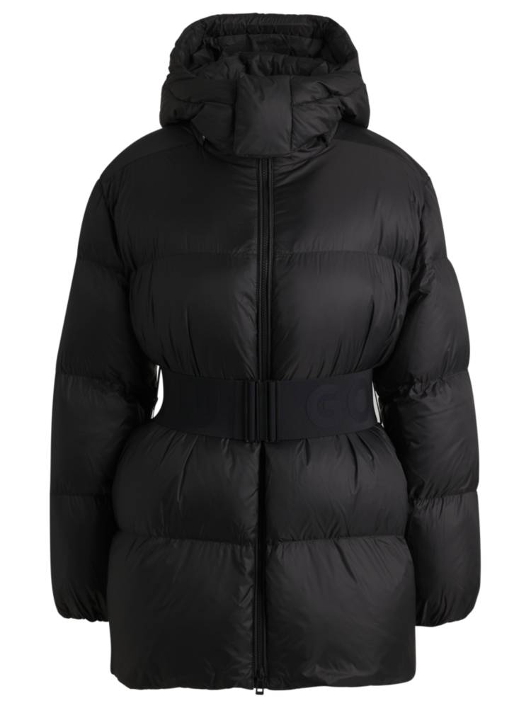 Artikel klicken und genauer betrachten! - HUGO Softshell-Jacke mit abnehmbarer Kapuze. Die Outerwear in Midilänge ist für mehr Volumen stark wattiert. Die Taille wird mit einem abnehmbaren Logo-Gürtel betont. | im Online Shop kaufen