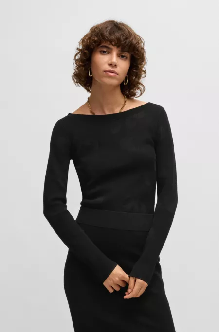 Wide-neck sweater in stretch jacquard