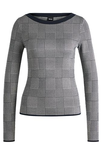 Wide-neck sweater in stretch jacquard, Grey Patterned