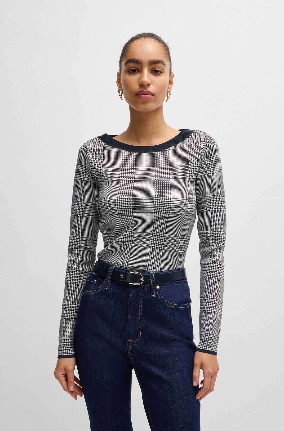 Wide-neck sweater in stretch jacquard, Grey Patterned