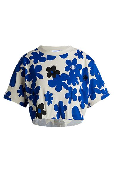 Cotton-jersey relaxed-fit T-shirt with floral print, Blue Patterned