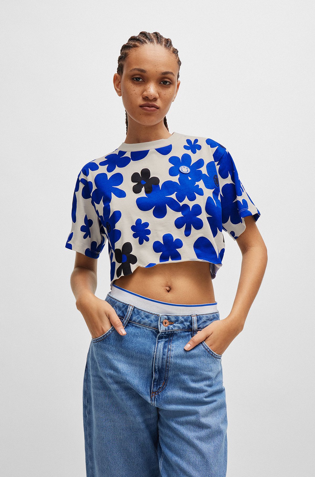 Relaxed-Fit T-Shirt aus Baumwoll-Jersey mit Blumen-Print, Blau gemustert