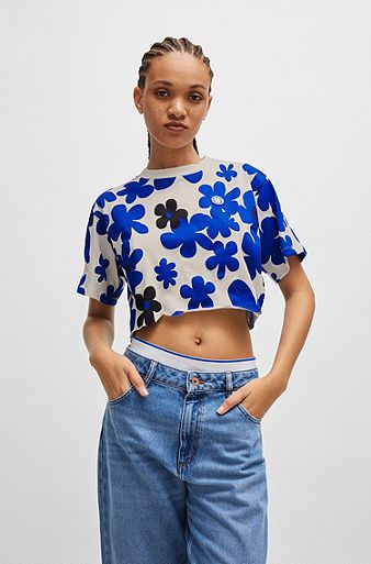 Cotton-jersey relaxed-fit T-shirt with floral print, Blue Patterned