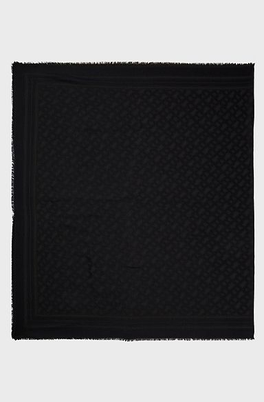 Wool-blend scarf with monogram jacquard and fringing, Black