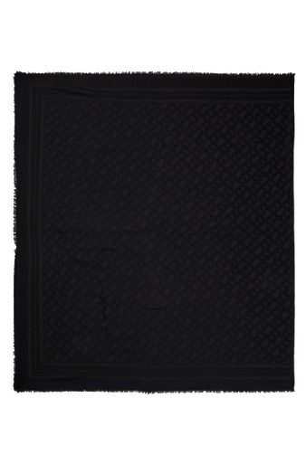 Wool-blend scarf with monogram jacquard and fringing, Black