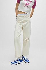 Wide-leg relaxed-fit jeans in distressed denim, Light Beige
