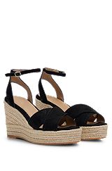 Suede wedge sandals with ankle strap, Black
