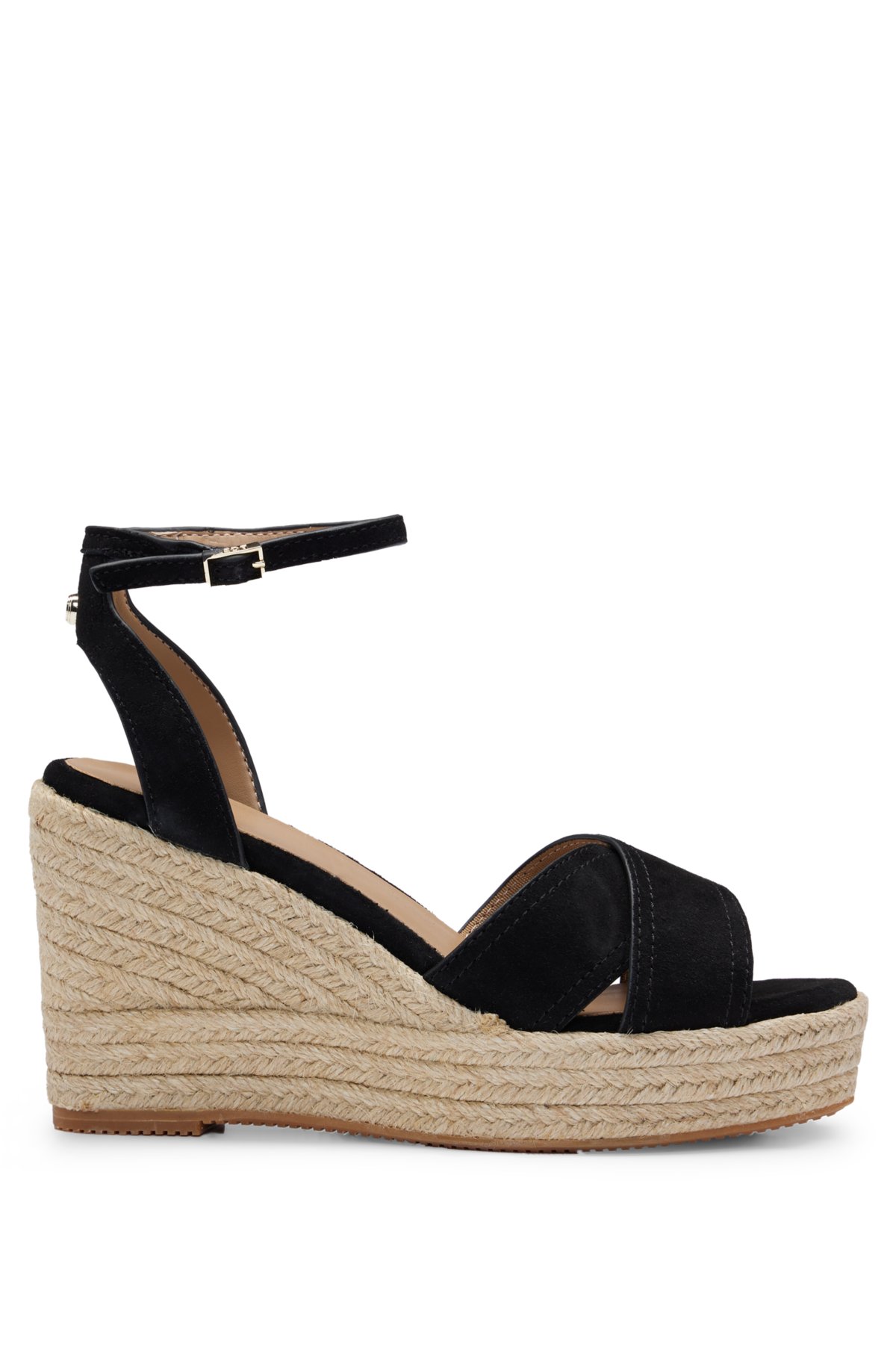 Suede wedge sandals with ankle strap, Black