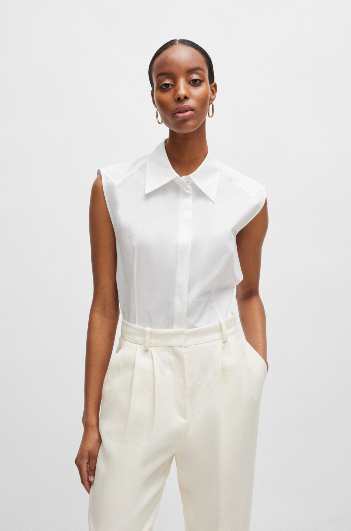 BOSS - Sleeveless blouse in stretch-cotton canvas