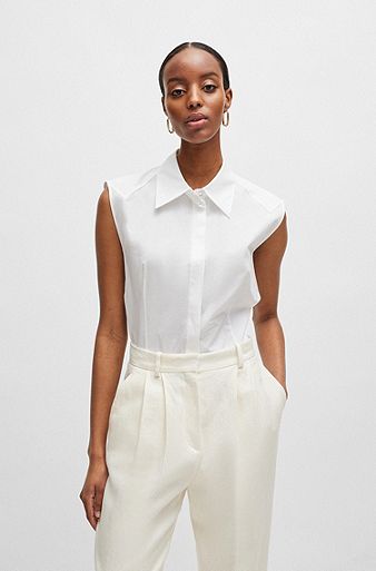 Tapered-waist poplin shirt - White - Ladies