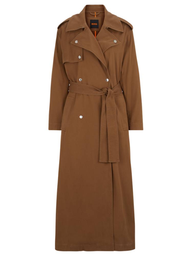 Artikel klicken und genauer betrachten! - Femininer BOSS Trenchcoat aus einem elastischen Baumwoll-Mix. Der elegante Layer zeigt sich mit einem Gürtel, einer zweireihigen Knopfleiste und Metalldetails. Dieses Produkt wird teilweise mit Bio-Baumwolle gefertigt. Unsere Bio-Standards erlauben keine Verwendung von synthetischen Düngemitteln, Pestiziden oder gentechnisch verändertem Saatgut. | im Online Shop kaufen