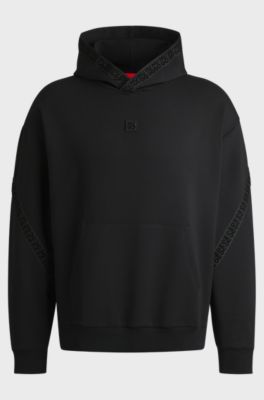 Stretch-cotton relaxed-fit hoodie with stacked logo, Black