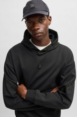 Stretch-cotton relaxed-fit hoodie with stacked logo, Black