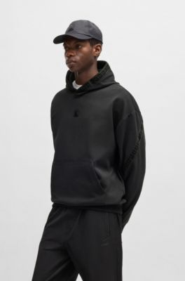 Stretch-cotton relaxed-fit hoodie with stacked logo, Black