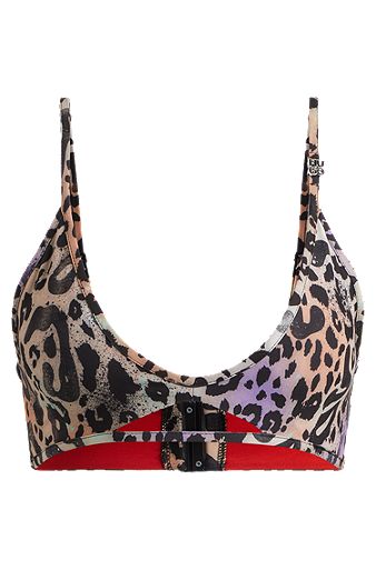 Leopard-print bikini top with logo charm, Patterned