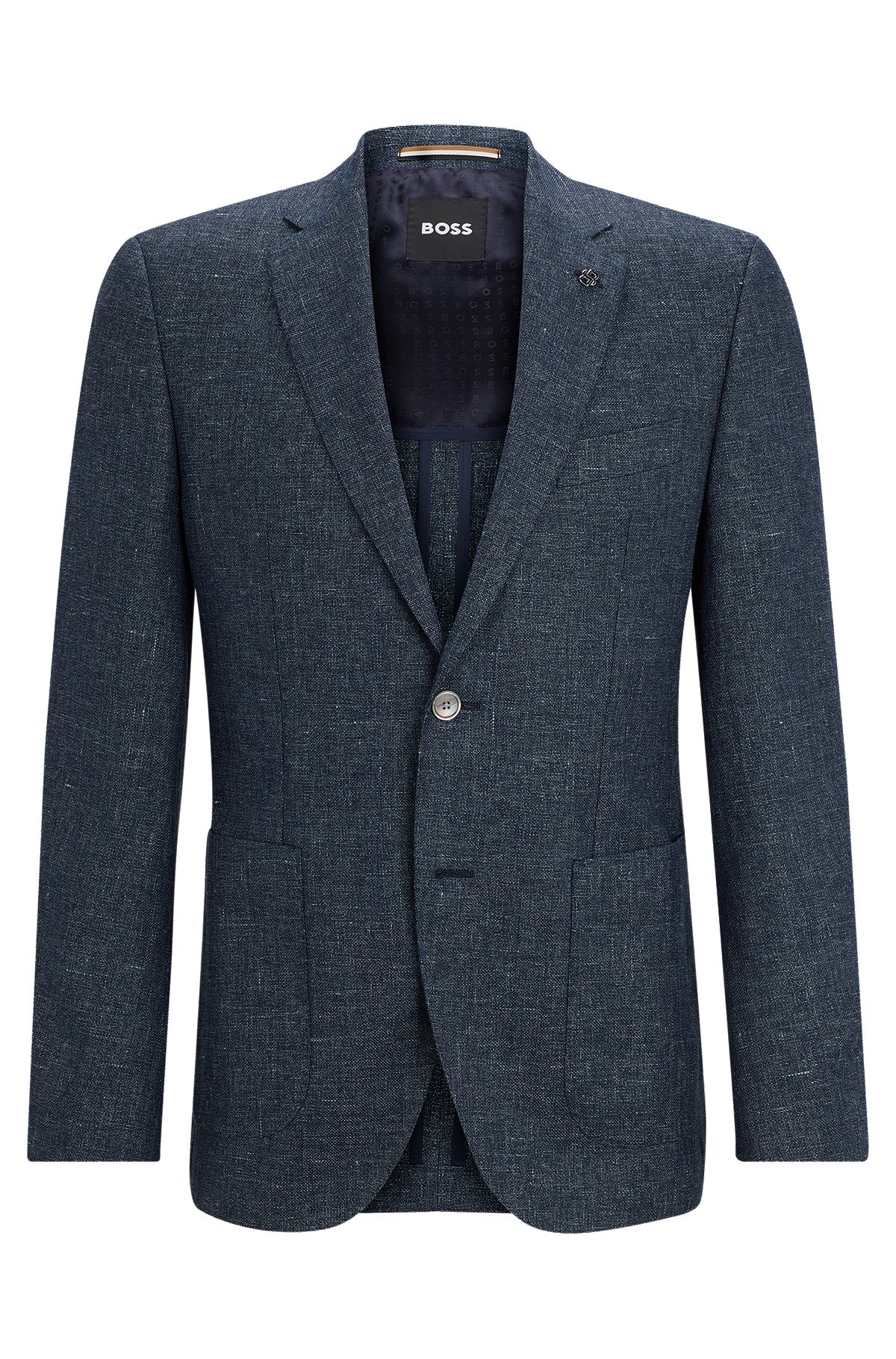 Regular-fit jacket in micro-patterned wool and linen, Dark Blue