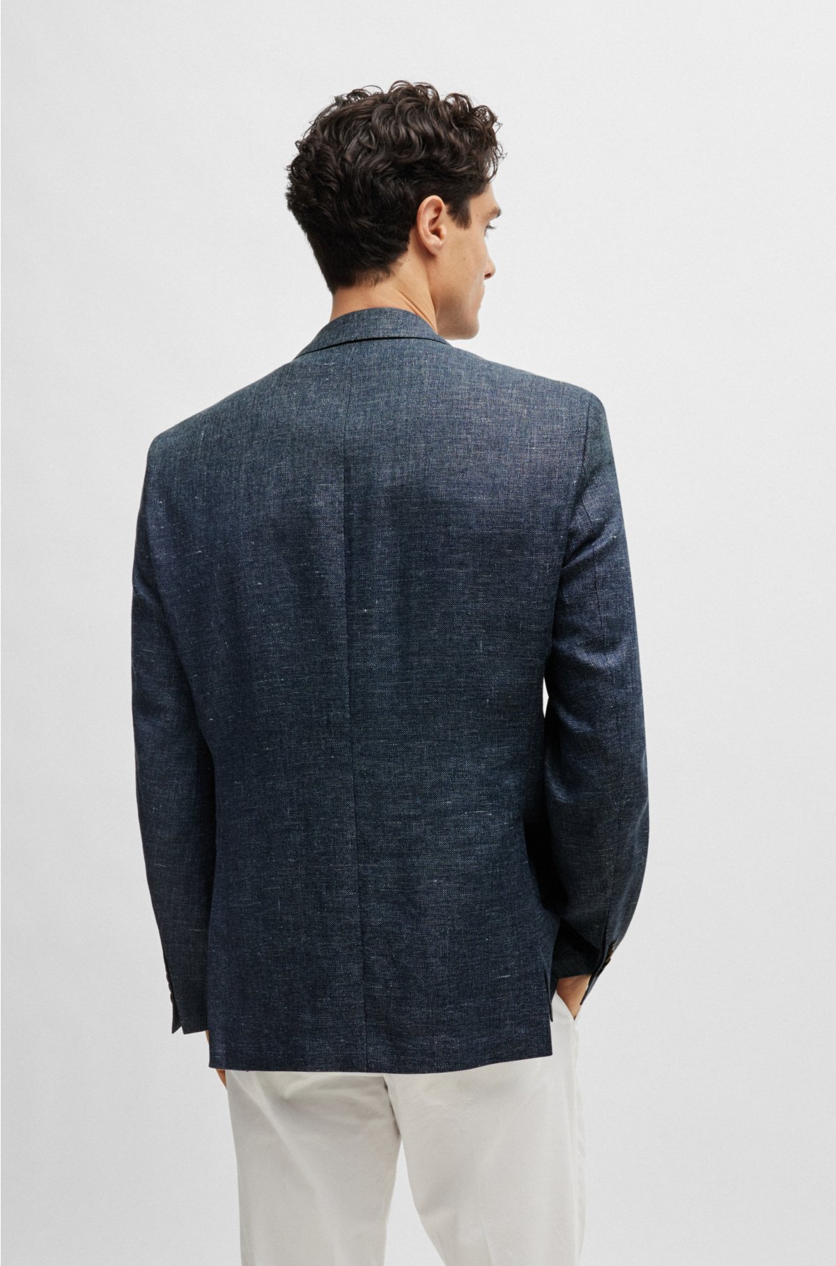 Regular-fit jacket in micro-patterned wool and linen, Dark Blue