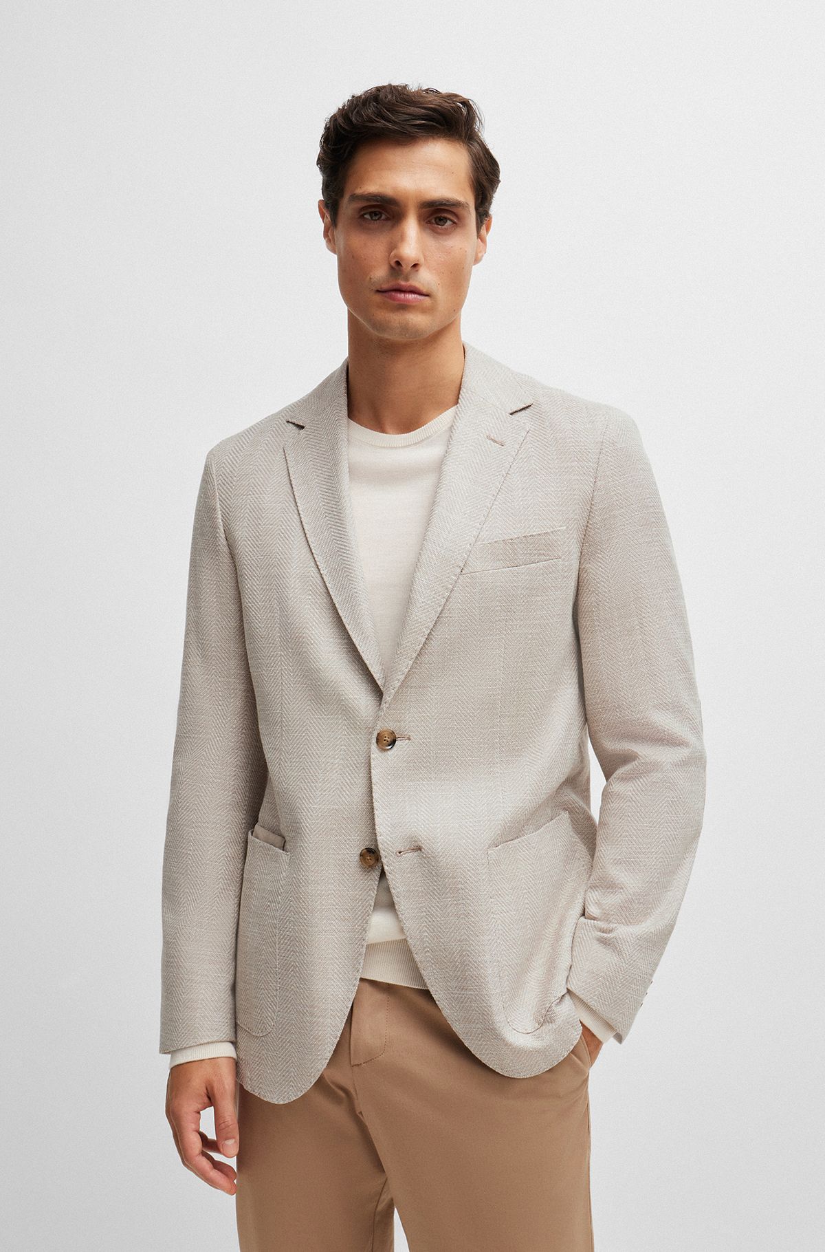 Regular-fit jacket in a herringbone stretch-cotton blend, Light Beige