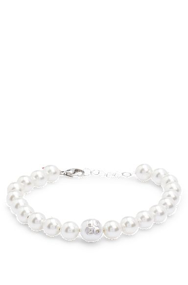 Stacked-logo cuff with genuine and imitation pearls, White
