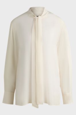 Regular-fit blouse in silk with bow-tie collar, Natural